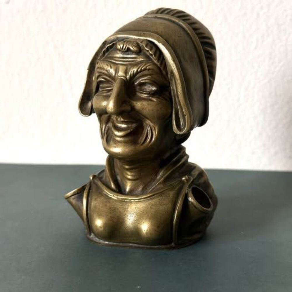 Antique Bronze Grotesque Peasant Woman Inkwell, 19th Century